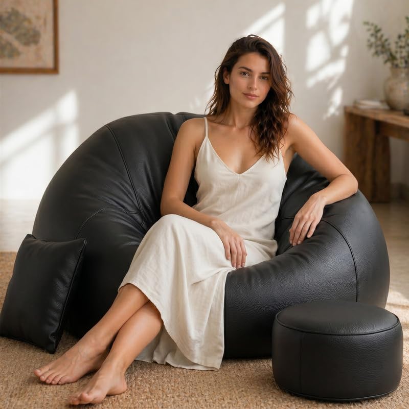 Image of Biggie Bean Bag 7XL Bean Bag Chair with Beans Filled - The Classics Bean Bag Sofa - Combo Set-Styled for Elegance with Free Cushion & Footrest (Matching Color : Xivro Black)
