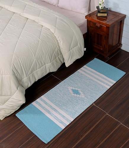 Image of Hand Woven 100% Natural Cotton Designer Rug|Kitchen Runner|Bedside Runner|Kitchen Mat|Carpet|Multiple uses for Balcony,Size-22x60 Inches, (Sky Blue)