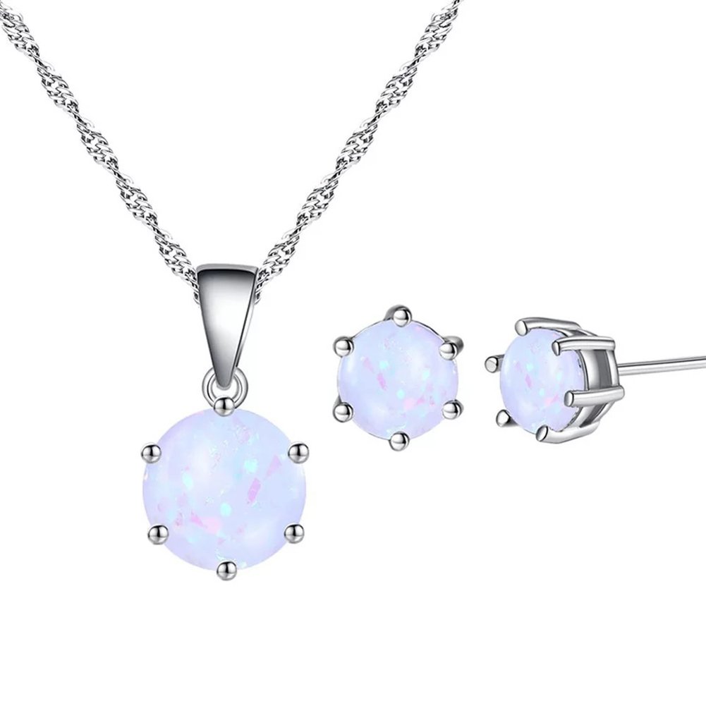 AILUORAILUOR Opal Jewelry Set, Sterling Silver Created Simulated Gemstone Round Halo Solitaire Pendant Necklace and Stud Earrings Set
