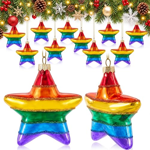Simgoing 12 Pcs Christmas Rainbow Star Ornaments 3.15 Inch Gay Pride Star Ornaments Glitter LGBT Gifts Rainbow Striped Hanging Tree Decorations for Christmas Tree Decoration Party Decor