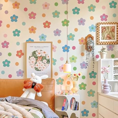 LiveGallery 10 Sheets Colorful Boho Daisy Flower Wall Stickers Removable DIY Peel and Stick Watercolor Stars Heart Dots Wall Decal 3D Wall Art Decor for Kids Girls Bedroom Nursery (Daisy Flower) Cover