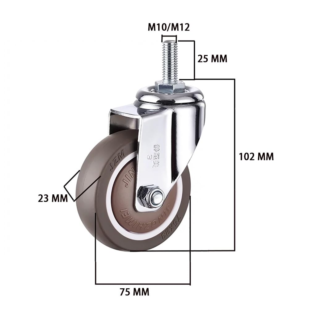 Stelo Filettato Ruote M10/M12, Silenziose Ruote in Gomma 3 Pollice, Ruote Pivottanti con Freni per Carrelli, Mobiletti, Moquette, 4 Pezzi(Swivel,M10x25)