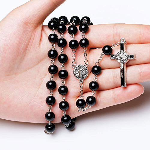 Rnivida Catholic Black Rosary Beads Necklace with Jesus Crucifix, Catholic Prayer Gifts2