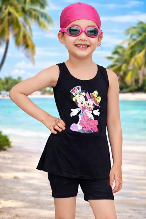 RZLECORT Girls Swimsuit with Cap and Goggles, Black, Minnie Mouse Print, One-Piece Swim Dress Set for Kids (in, Age, 3 Years, 4 Years, Big Girls, Black) 2