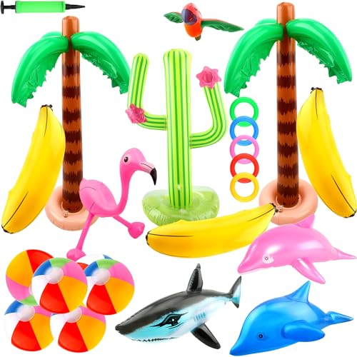 Cotiny 24 Pack Inflatable Palm Tree Flamingo Inflatable Beach Ball Cactus Shark Dolphin Banana Swim...