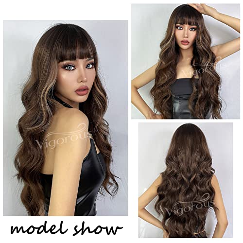 Vigorous Brown Wig With Bangs Long Wavy Wig For Women Synthetic Curly Wavy Wigs Brown Mixed Blonde Color For Daily Party Use #TOP6