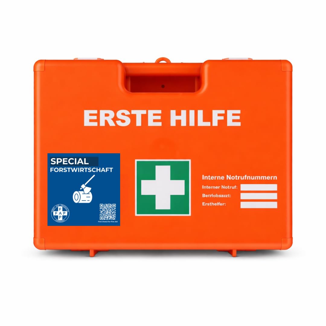 FAP Erste-Hilfe-Koffer Forstwirtschaft DIN13157, orange, 33×42×15 cm | Augenspülung & Fingerschiene, Forst Waldarbeit Baumpflege, ABS Kunststoff, Betriebsverbandkasten, Wandhalterung