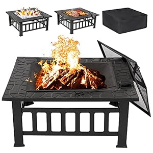 LEMY 32 inch Outdoor Fire Pit Square Metal Firepit Backyard Patio Garden Stove Wood Burning Fire Pit W/Rain Cover, Faux-Stone Finish