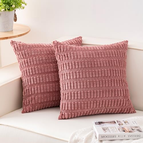 Image of Pack of 2 Corduroy Decorative Throw Pillow Covers 18x18 Inch, Peach Pink