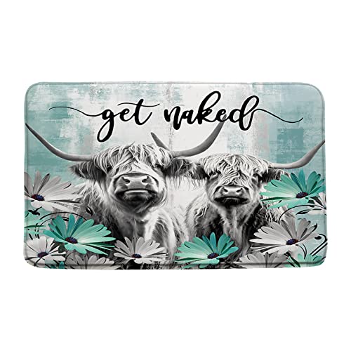 Farmhouse Highland Cow Bath Mat Get Naked Western Funny Farm Animal Portrait of Longhorn Bull Teal Daisy Flower Rustic 24