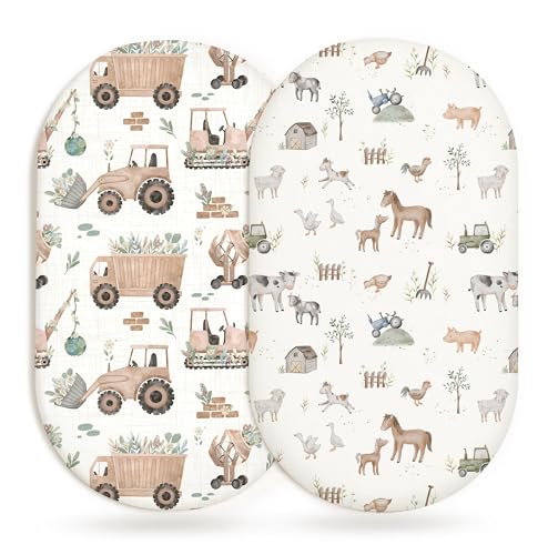 Bassinet Sheets for Baby Girls Boys 2 Pack, Fitted Baby Mattress Sheet for Rectangle, Oval, Hourglass Bassinet Mattress, Breathable Cozy & Universal Fit (Little Farm, Bassinet Sheet)