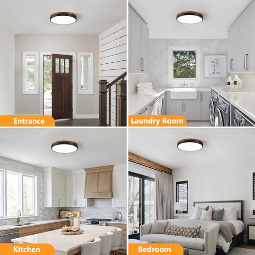 Image of Modern Walnut Wood Black Flush Mount Ceiling Light 11.81 Inch