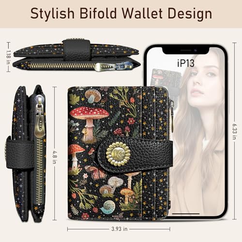 Mushroom Moon Night Small Rfid Women Wallet Bifold Zipper Coin Pocket PU Leather Compact Cash Credit Card Holder Travel Wallet for Female Ladies Teen Girls 1 ID Window 10 Card Slots 5