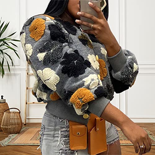 HOULENGS Women's Cropped Floral Print Fleece Bomber Jacket Casual Puff Sleeve Button Down Coats Winter Warm Outerwears3
