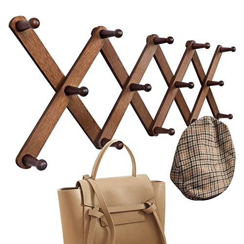 Image of OROPY Wood Accordion Wall Hanger, Expandable Coat Rack Wall Mount with 14 Pegs, Expanding Hat Rack for Wall, X Shape, 27"×10", Walnut Color