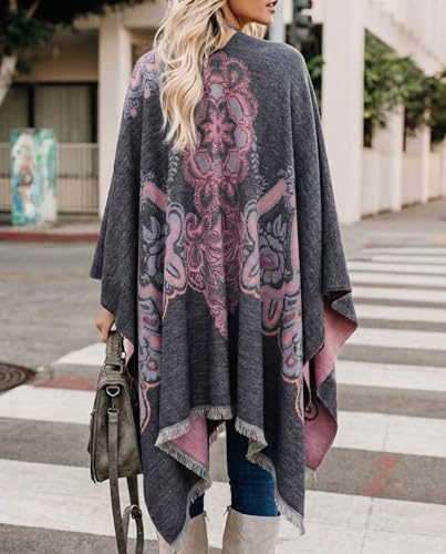 Image of Bestshe Women's Boho Open Front Poncho Plaid Shawl Wrap Cape