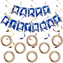 Epakh Blue Gold Birthday Banner with 8 Pcs Ring Hanging Swirl Decorations Cartoon Print Themed Happy Birthday Party Supplies for Family Celebrations Home Decor