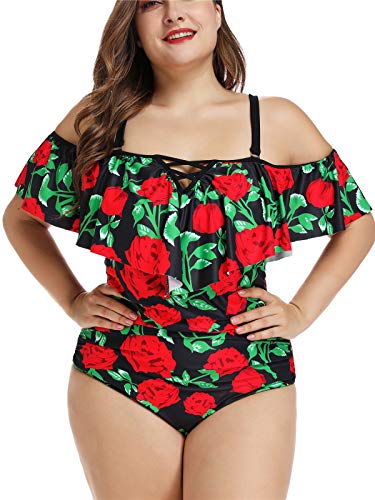 AdoreShe Women's Flounce Ruffle One Piece Plus Size Swimsuit Off Shoulder Rose Printed Monokini Bathing Suitsï¼ˆA99204-2XLï¼‰
