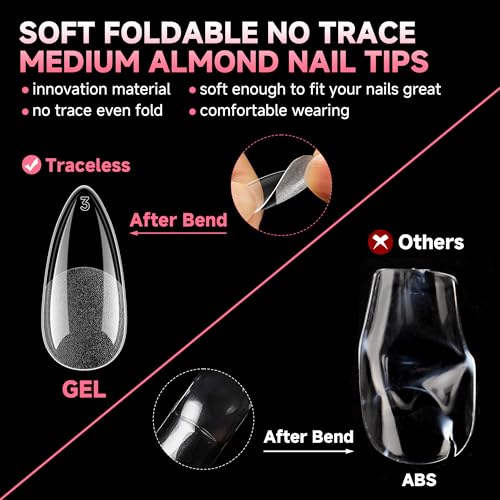 Image of UNA GELLA Medium Almond Gel Nail Tips Almond Shape Pre-etched 120Pcs | 12 Sizes Soft Gel Clear Acrylic Fake Nails Half Matte Full Cover Nails Tips for Nail Extensions DIY Salon Long Lasting