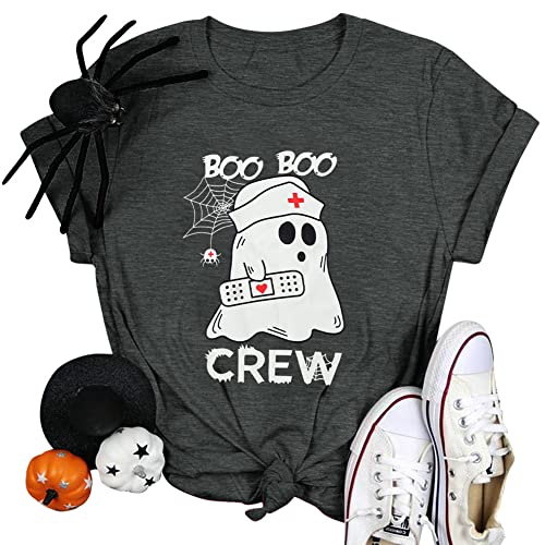 MOUSYA Halloween Nurse Shirt Women Boo Boo Crew T-Shirt Funny Ghost Nurse Graphic Tee Tops