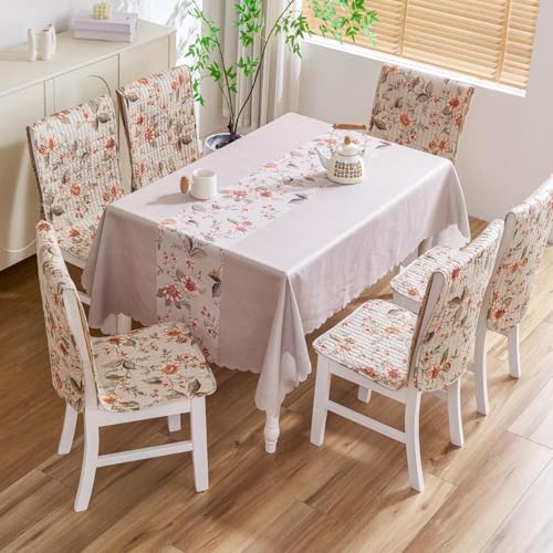 Image of HOMETHREADS Floral Cotton Chair Cover Set | Soft & Comfortable Seat Covers with Anti-Skid Non-Slip Backing + Waterproof Dining Table Cover (140x220 cm) (White Green, 6 Chair Covers + 1 Table Cover)