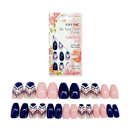 False Nails Coffin Shape with Designs 24 Pieces Full Cover Ballerina Girls Fake Nails