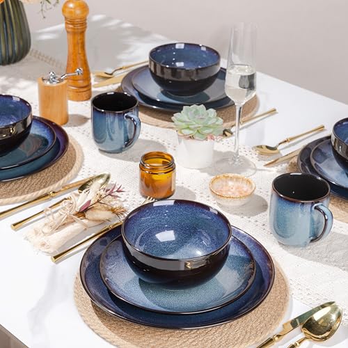 Image of LERATIO Ceramic Dinnerware Sets for 4,16-Piece Reactive Glaze Plates and Bowls Set with Mugs,Highly Chip and Crack Resistant | Dishwasher,Microwave & Oven Safe Dishes set-Blue