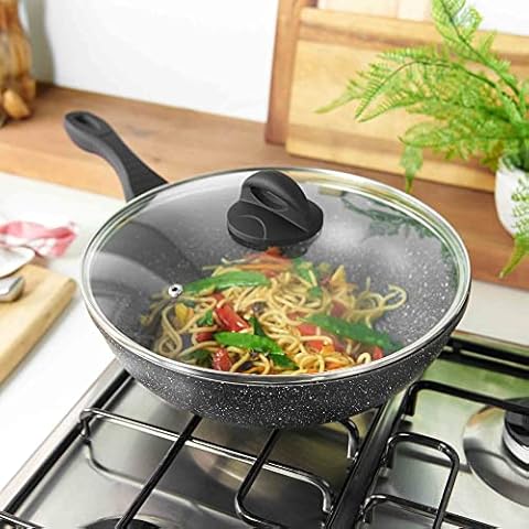 Sovereign Stone Non-Stick Wok Pan with Glass Lid - Deep Stir Fry Pan with Induction Base - 28cm Frying Pan with Ergonomic Handle Cover