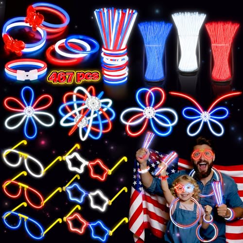 BUDI 467Pcs 4th of July Accessories Glow Sticks: Red White Blue Glow in the Dark Patriotic 250th Party Favors Necklace Bracelets Glasses for Kids Adults 210 GlowSticks 8 with Connectors Light Up Toys