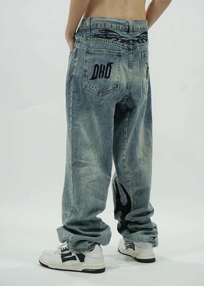 ORANDESIGNE Herren Jeans Baggy Jeans Hip Hop Straight Leg Gewaschen Jeanshose Casual Denim Hosen Vintage Bedruckte Jeans Teenager Skateboard Hose Streetwear