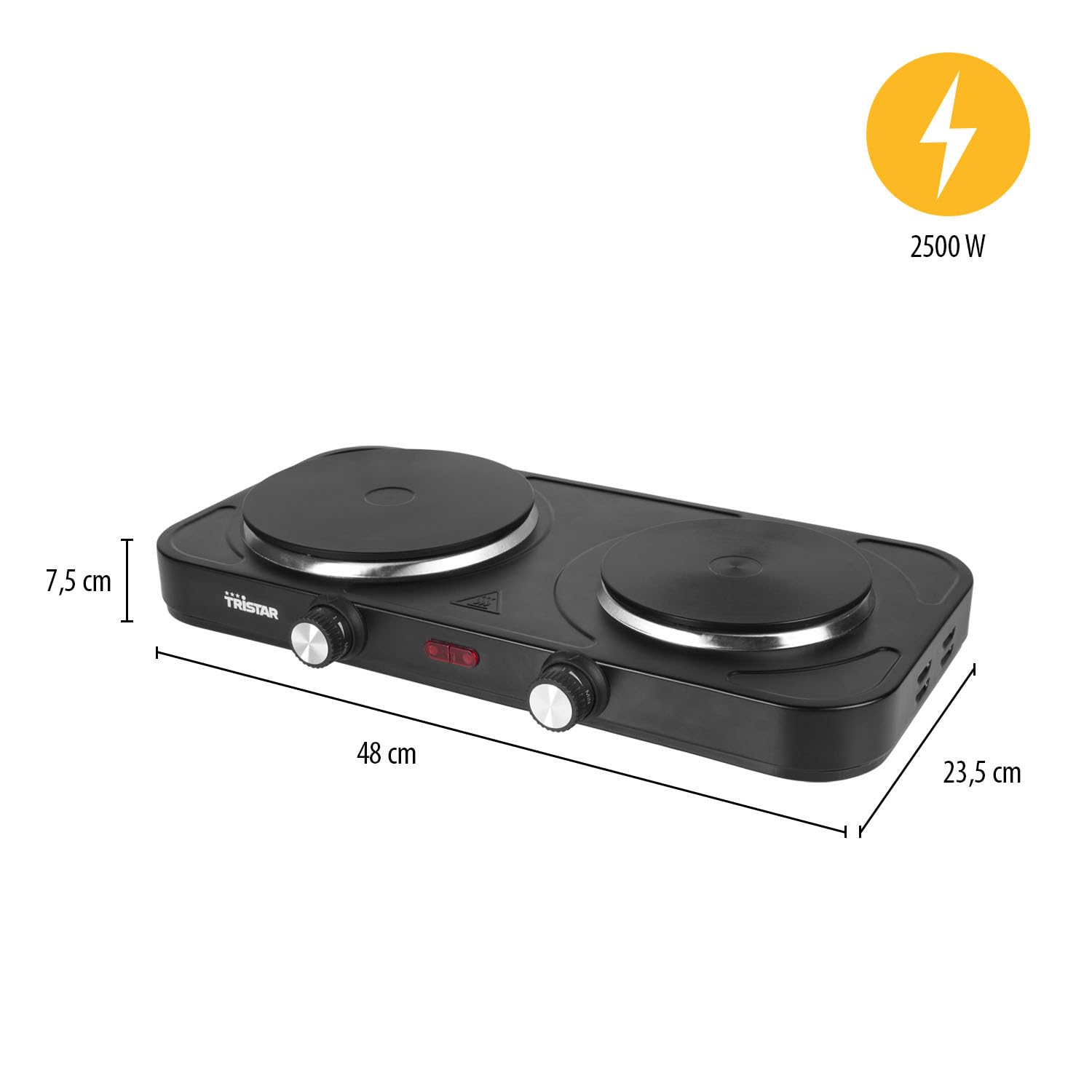 Placa de cocina pórtatil Tristar - Doble quemador - Para alojamiento de estudiantes, camping, cocina americana - 15,5 y 18,5 cm de diámetro - Termostato regulable - 2 500 W - KP-6152