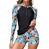 TERODACO Half Zip Women Rash Vest Built in Bra 2 Piece Womens Swim Shorts and Top Set UPF50+ Long Sleeve Ladies Swimsuit Surfing Rash Guard,Quick Dry Soft Stretchy 2501 Black Blue Leaf M