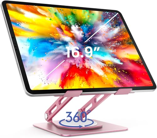 Image of LOXP Metal Tablet Stand, 360 Rotating iPad Stand with Heavy-Duty Base, Tablet Holder Compatible with 4.7-16.9 inch Device, iPad Pro Air Mini, Kindle, Surface Tablet, Portable Monitors - Pink