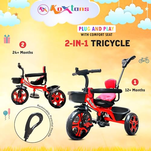 Image of Tricycle for Kids with Comfy Seat - The Parent's Choice for 1-5 Years Old, 30kg Max, Luxurious & Durable Trike. Advanced Parental Control Handle and Safety Belt, Red