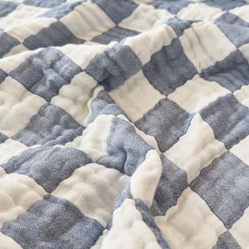 Image of Ultra Soft Cozy 100% Cotton 6-Layer Muslin Baby Blanket 41 inchx41 inch Breathable Lightweight Checkered Swaddle Blankets for Baby Boys Essentials Birthday Gifts All Seasons Both Sides (Blue)