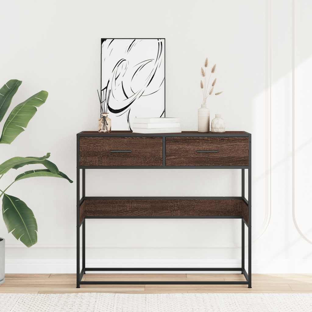 Stół konsolowy dębowy, brązowy, 90 x 35 x 80 cm, płyta wiórowa i metal