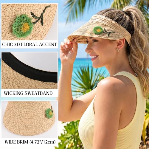 Visera de paja para mujer con protección UV y diseño floral miniatura 3