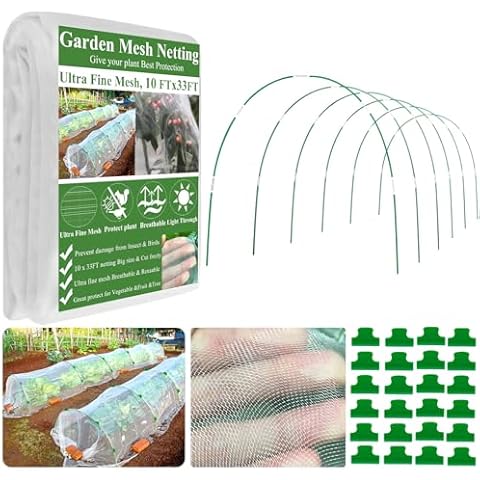 WYRJXYB Garden Mesh Netting Kit,10 x 33FT Ultra Fine Netting with 6 Sets Fiberglass Garden Hoops for Raised Beds Vegetable Plants Fruits Greenhouse Row Cover Birds Animals Barrier Protection Net… Cover