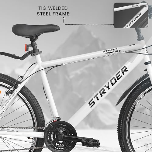 Image of Stryder 26T Street Fire Multispeed Gear Mountain Cycle (White-White) - V Brake | Rigid Fork | Welded Steel Frame | Alloy Rims | Unisex MTB Bicycle | 85% Assembled
