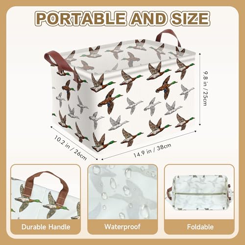 Image of Mallard Duck Storage Basket Waterproof Canvas Toy Storage Bin Mallard Duck Room Decor Collapsible Outdoor Basket with Leather Handles Blanket Baskets For Closets,Bedrooms,Gifts Baskets