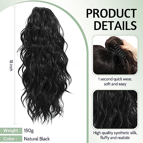 FINE PLUS Ponytail Extension Claw 18inch Clip in Ponytail Hair Extensions for Women Synthetic Curly Wavy Clip in Pony Tail Hair Extensions for Daily Party Use Natural Black Color - Image 3