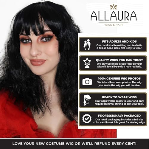 Image of ALLAURA Wigs Beetle Bride Black Bob Wig - Lydia Wavy with Bangs for Gothic Witch Cosplay - Compatible with Lydia Deetz Wig