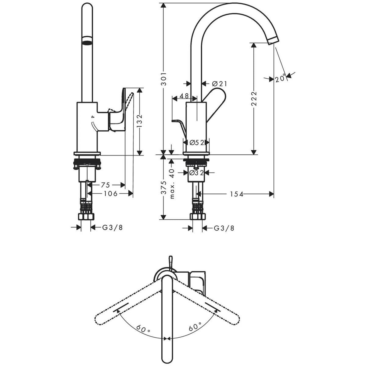 hansgrohe Rebris S - Waschtischarmatur mit Zugstange und Ablauf, schwenkbar, Wasserhahn Bad mit Auslauf Höhe 222 mm, Mischbatterie Waschbecken wassersparend (EcoSmart), Chrom, 72536000