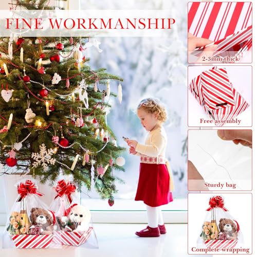 Image of Thenshop 44 Pcs Basket for Gifts Empty Gift Basket Bulk Include 12 Cardboard Tray 12 Plastic Bags and 20 Pull Bows for Christmas Fall Halloween Birthday Wedding Party DIY Wrapping(Stripe,Red, White)