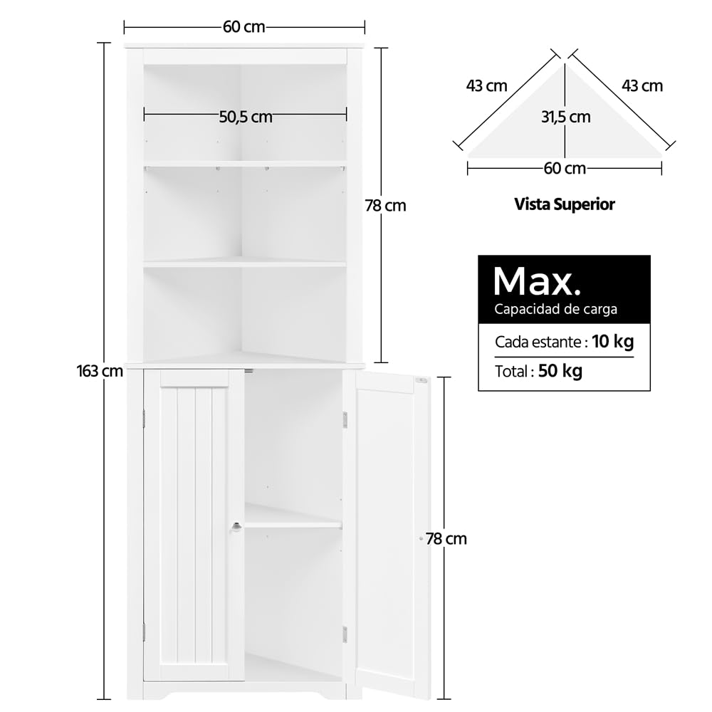 Yaheetech Mueble de Baño de Esquina Gabinete Triángulo 163x60x43cm Blanco | con 3 Estantes de Madera Abiertos y 1 Armario de 3 Alturas Ajustables con Protección Antivuelco