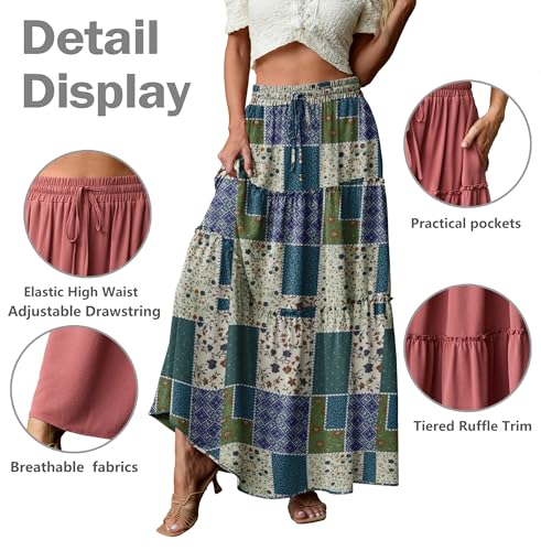 Image of Lepunuo Womens Casual Boho High Waisted Flowy Maxi Skirts Tiered Floral Long Skirts with Pockets for Summer Beach Vacation
