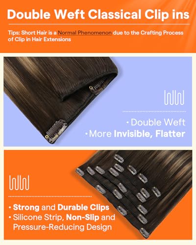 Image of Full Shine Human Hair Clip in Extensions Double Weft | Clip Hair Extensions Real Human Hair, Balayage Dark Brown to Ash Brown, Remy Hair, Straight Hair, 20 Inch 7 Pcs 120g