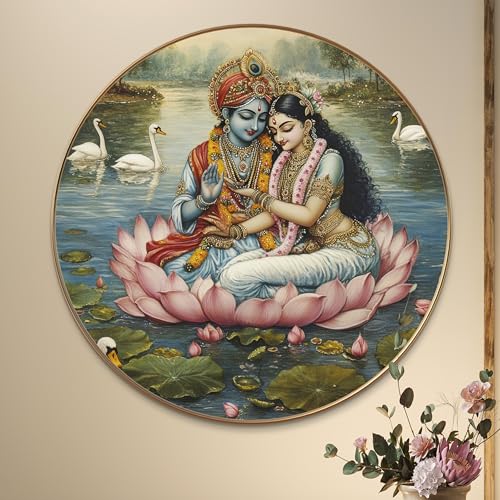 Image of Livin'luxe Radha Krishna Round Art Print with Golden Frame | Divine Lotus HD Art Print for Living Room Pooja Room Temple Home Decor (20x20 Inch) Art-GRL-209