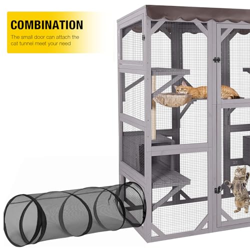 Image of Aivituvin Cat House Window Outdoor Catio Cat Enclosures with 7 Platforms, 2 Resting Boxes Large Kitty House with Weatherproof Tarp Roof, 62.6 inch L x 32.6 inch W x 70.1 inch H Grey