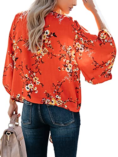 Womens Floral Oversized Tie Front Top Short Sleeve V Neck Chiffon Blouses Summer Shirts Red #TOP2